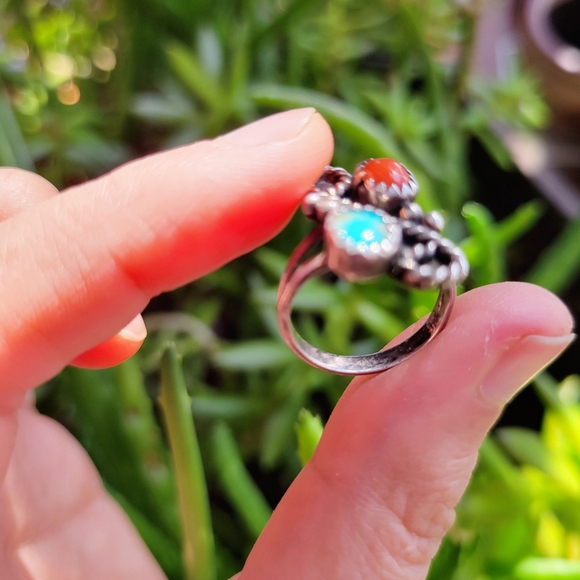 Vintage 925 Sterling Silver Genuine Turquoise Coral Native Ring, sz 4.75 - Picture 7 of 7
